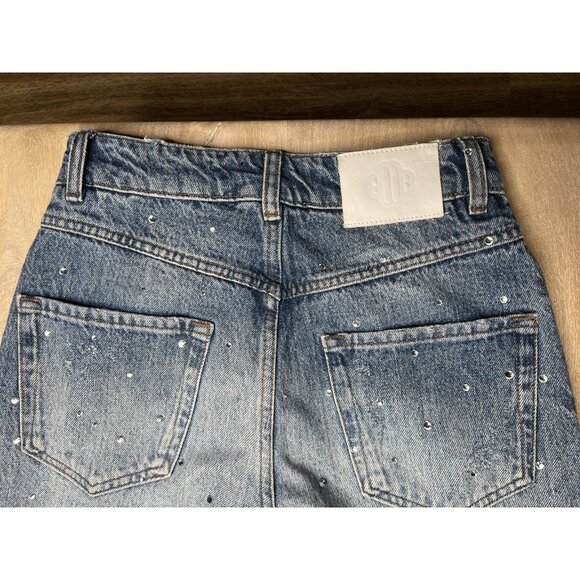 Maje High Waisted Jeans with Rhinestones Straight Leg Medium Wash Size 34 US XS - Picture 9 of 11